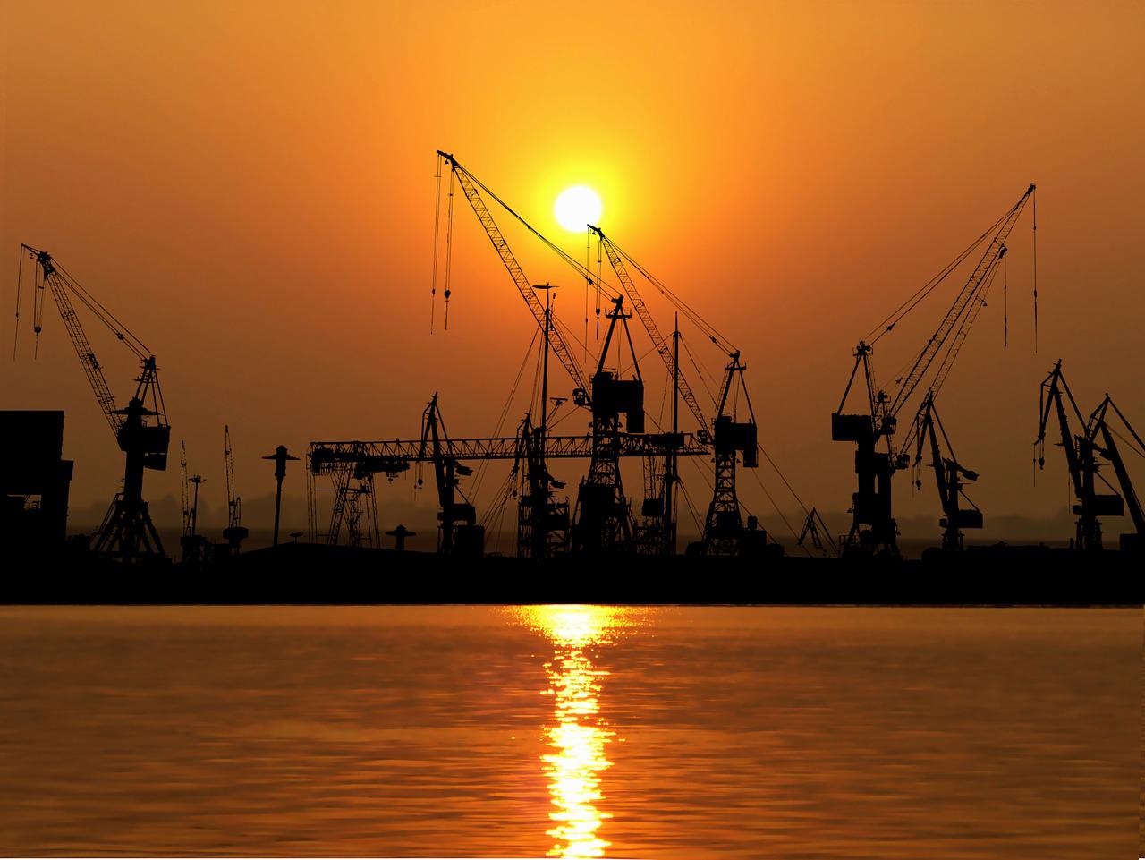 sunset, port, cranes-4055837.jpg